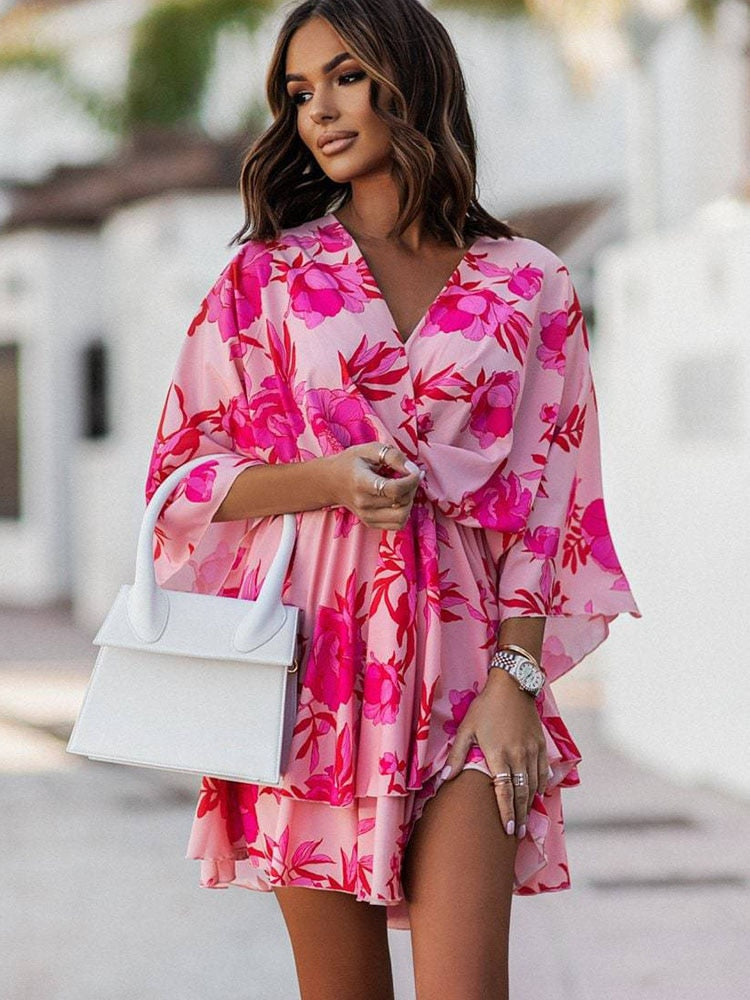 Women | Mini Dress | Loose Fit | V-Neck | Layered Hem | Casual Chic