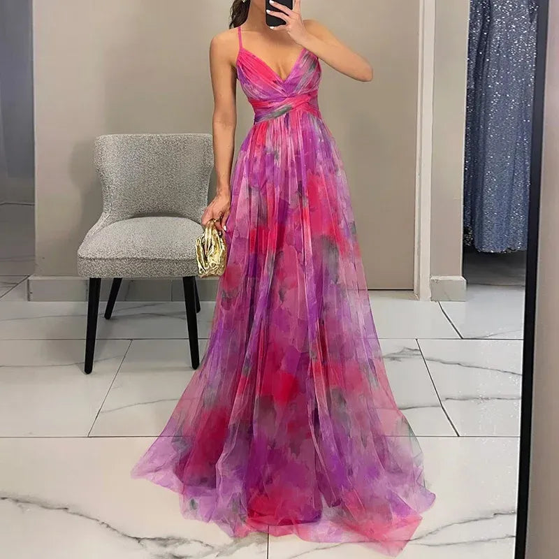 Long Women's Dress | Elegant Floral Pattern | Thin Straps | Flowing Fabric