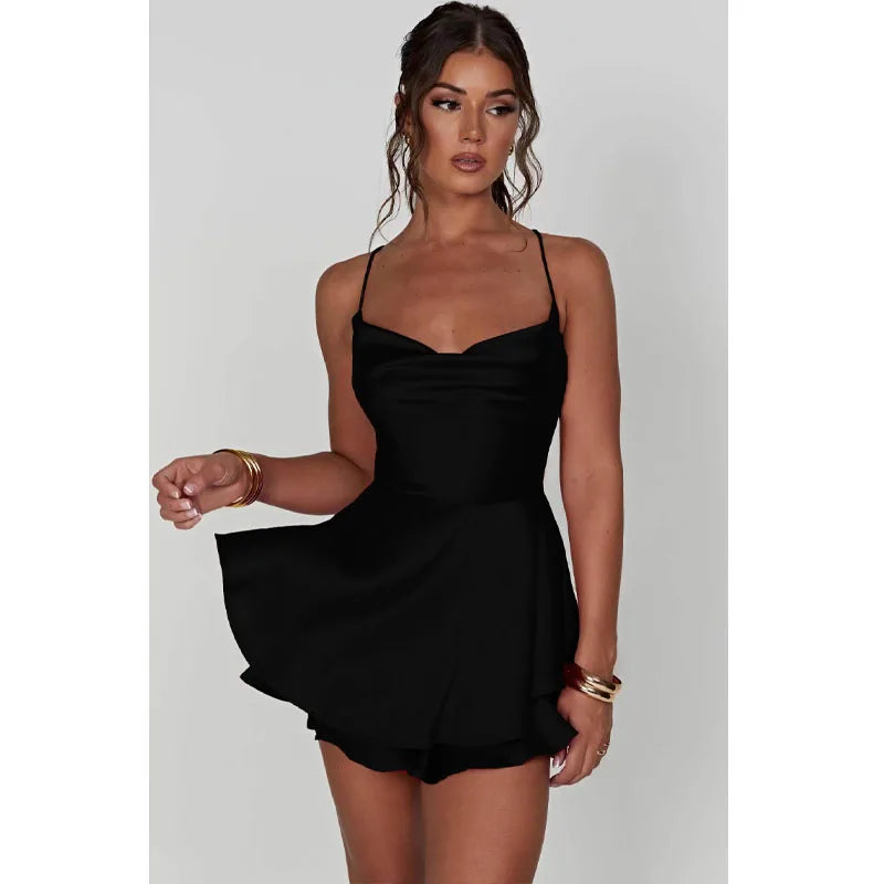 Women | Mini Dress | Open Back | Ruffled Hem | Cowl Neck | Party Elegant
