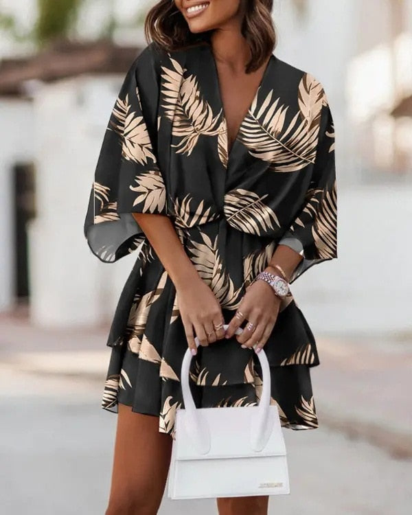 Women | Mini Dress | Loose Fit | V-Neck | Layered Hem | Casual Chic