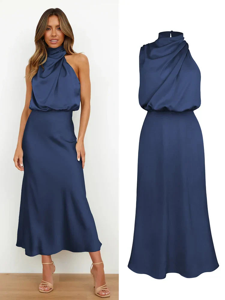 Women | Satin look Midi Dress | High Neck | Draped Top | Elegant Evening | Asymmetrical Detail