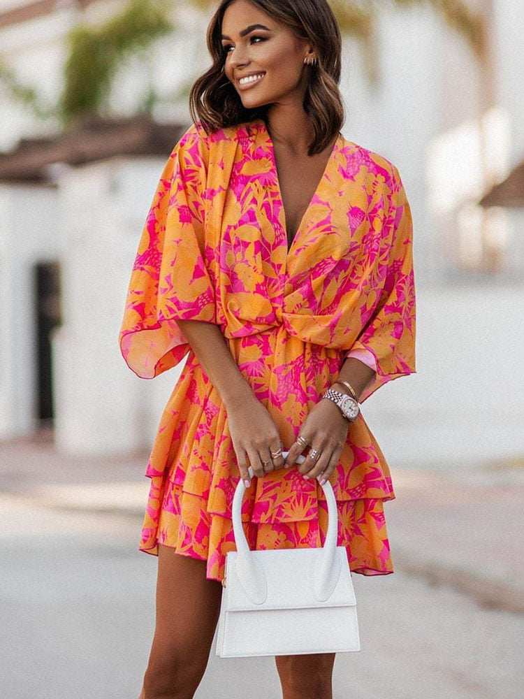 Women | Mini Dress | Loose Fit | V-Neck | Layered Hem | Casual Chic