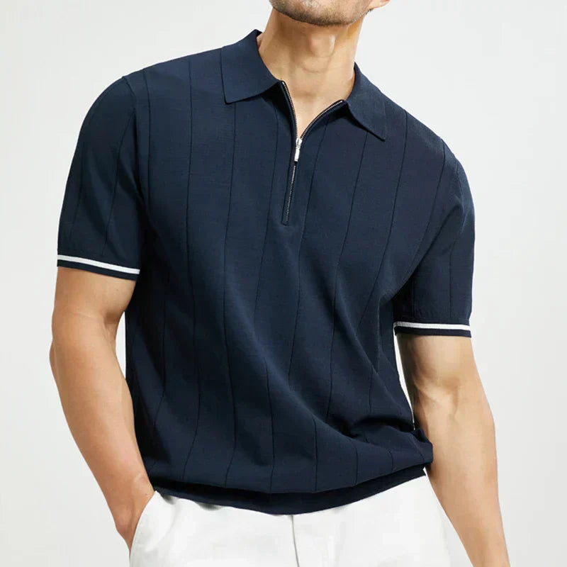 Short-Sleeve Polo with Zipper Closure and Striped Details for Men | Ideal for Everyday Wear