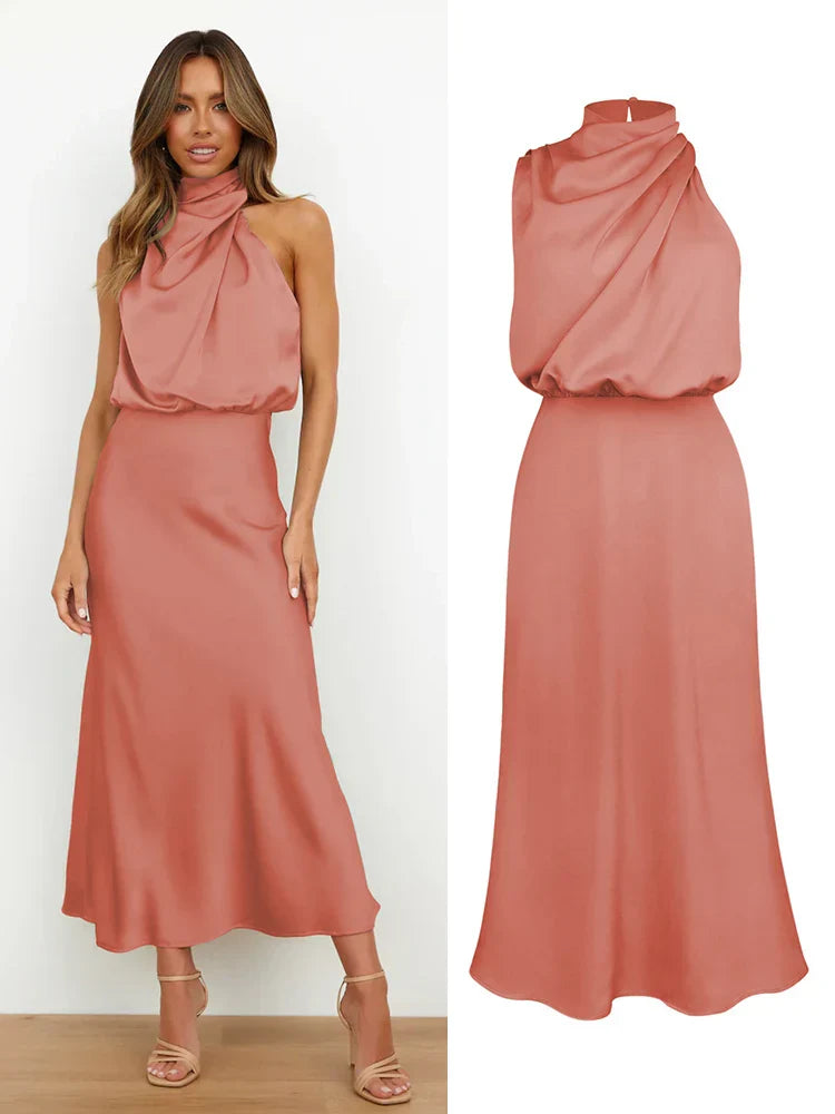 Women | Satin look Midi Dress | High Neck | Draped Top | Elegant Evening | Asymmetrical Detail