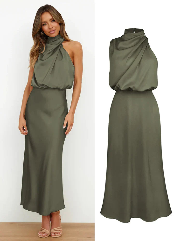 Women | Satin look Midi Dress | High Neck | Draped Top | Elegant Evening | Asymmetrical Detail
