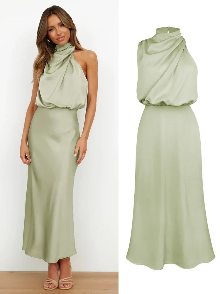 Women | Satin look Midi Dress | High Neck | Draped Top | Elegant Evening | Asymmetrical Detail