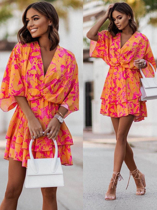 Women | Mini Dress | Loose Fit | V-Neck | Layered Hem | Casual Chic