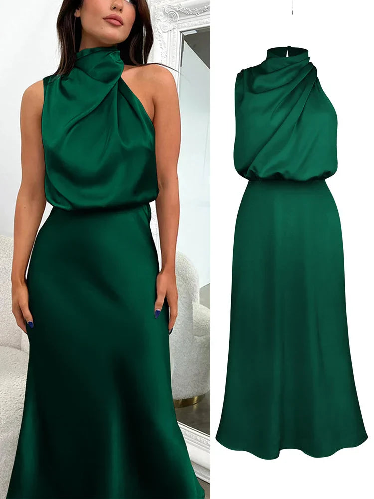 Women | Satin look Midi Dress | High Neck | Draped Top | Elegant Evening | Asymmetrical Detail