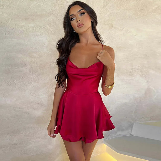 Women | Mini Dress | Open Back | Ruffled Hem | Cowl Neck | Party Elegant