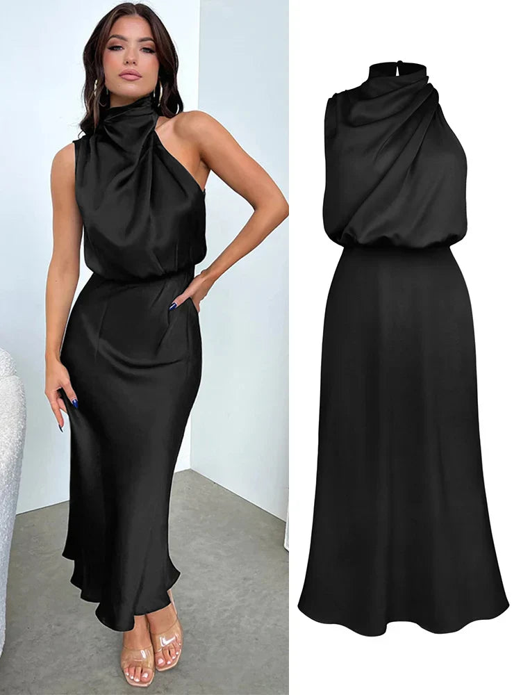 Women | Satin look Midi Dress | High Neck | Draped Top | Elegant Evening | Asymmetrical Detail