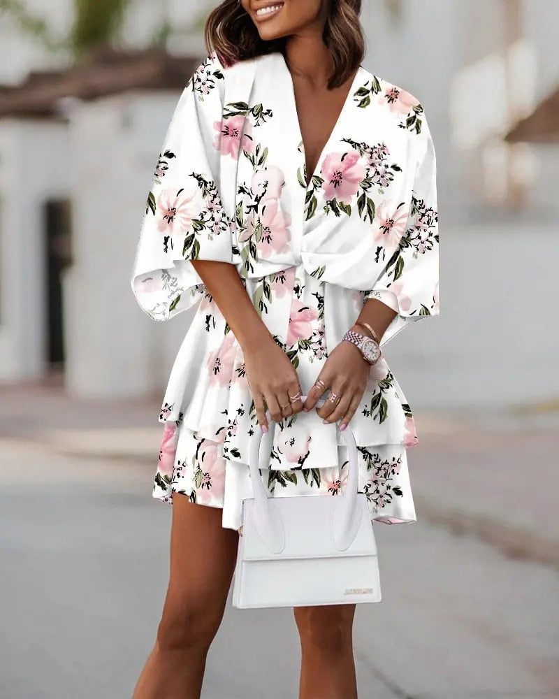 Women | Mini Dress | Loose Fit | V-Neck | Layered Hem | Casual Chic