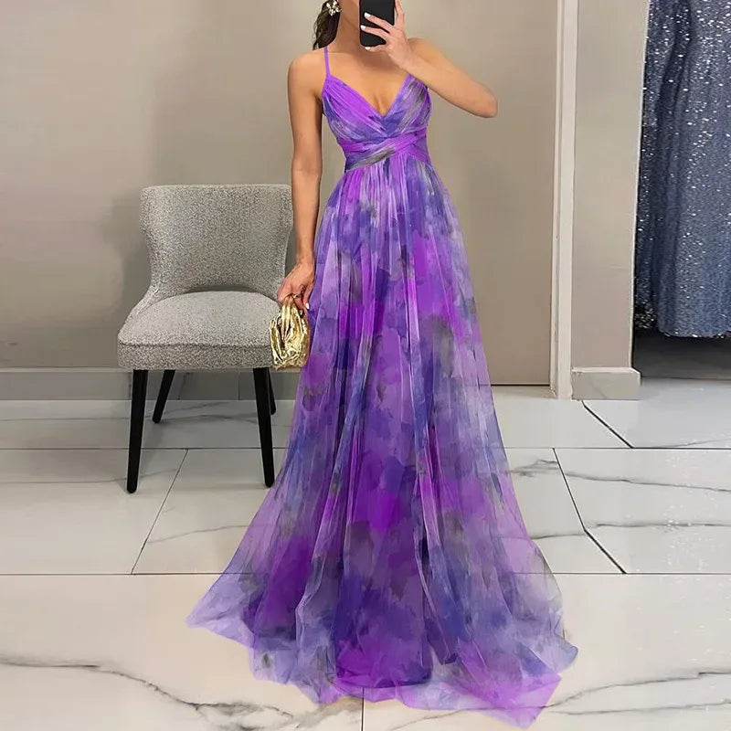Long Women's Dress | Elegant Floral Pattern | Thin Straps | Flowing Fabric