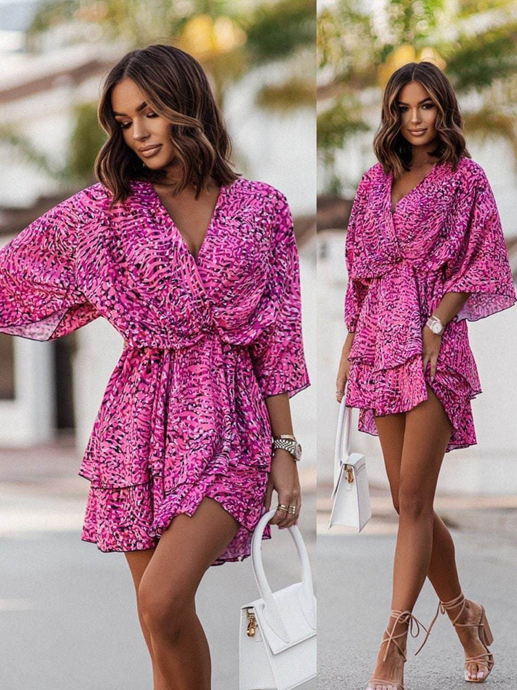 Women | Mini Dress | Loose Fit | V-Neck | Layered Hem | Casual Chic
