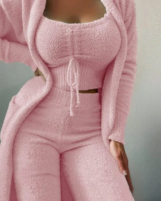 Women | 3-Piece Lounge Set | Cozy Knit Look | Cardigan | Crop Top & Pants | Winter Wear