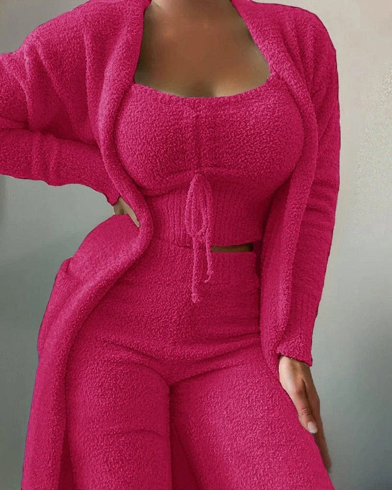 Women | 3-Piece Lounge Set | Cozy Knit Look | Cardigan | Crop Top & Pants | Winter Wear