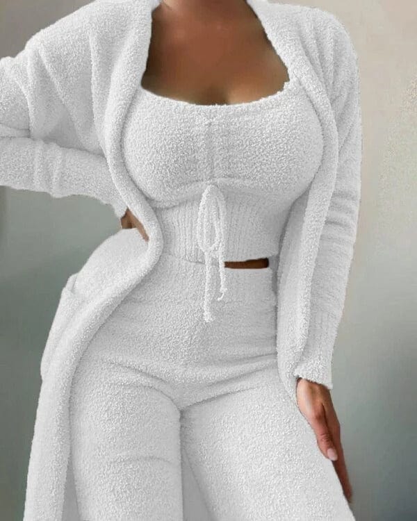 Women | 3-Piece Lounge Set | Cozy Knit Look | Cardigan | Crop Top & Pants | Winter Wear