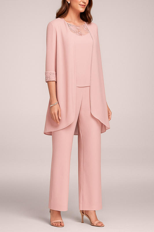 Women | 3-Piece Set | Long Jacket | Lace Detail Top | Wide-Leg Pants | Elegant Formal Outfit