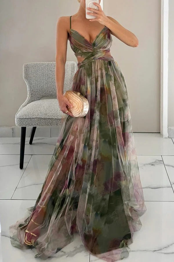 Long Women's Dress | Elegant Floral Pattern | Thin Straps | Flowing Fabric