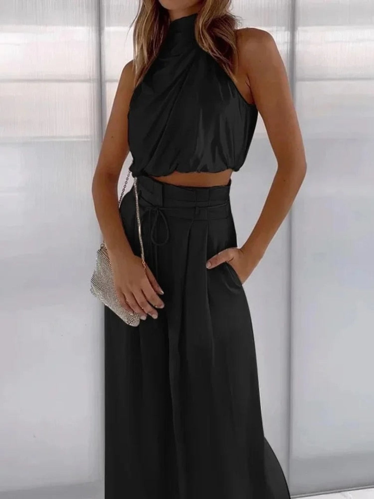 Women | High-Neck Crop Top & Wide-Leg Pants Set | Elegant Co-ords | Formal Outfit | Sleeveless