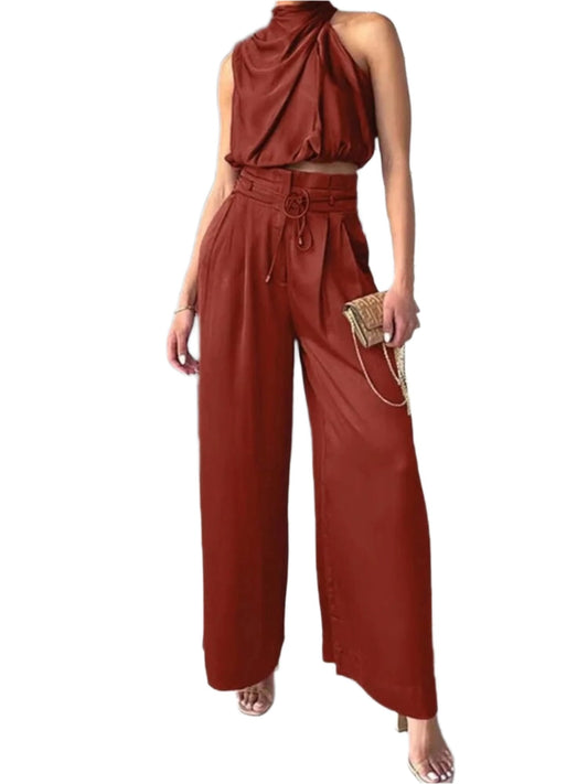Women | High-Neck Crop Top & Wide-Leg Pants Set | Elegant Co-ords | Formal Outfit | Sleeveless