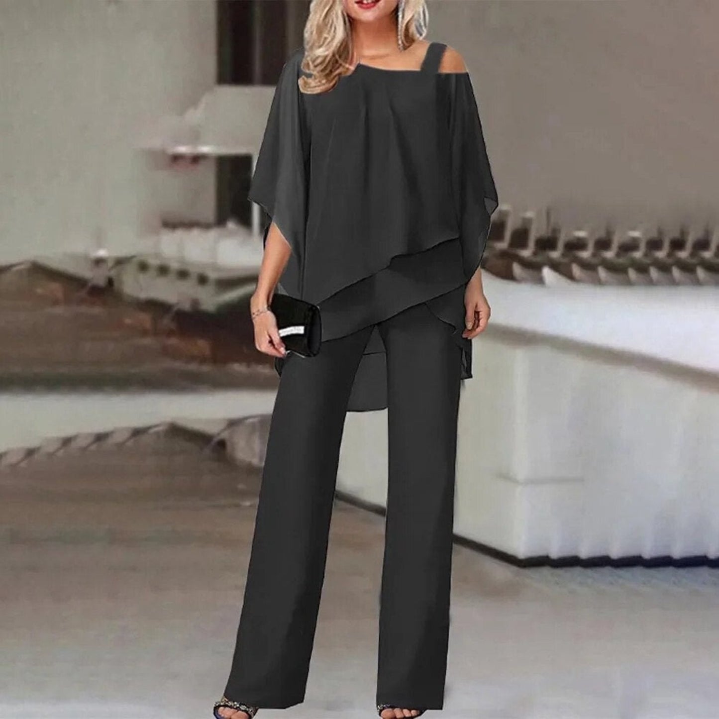Women | Two-Piece Formal Set | Layered Chiffon Top | Wide-Leg Pants | Elegant Occasion Wear