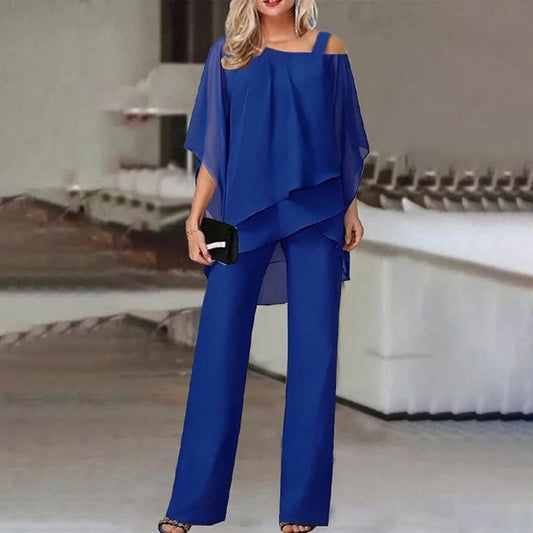 Women | Two-Piece Formal Set | Layered Chiffon Top | Wide-Leg Pants | Elegant Occasion Wear