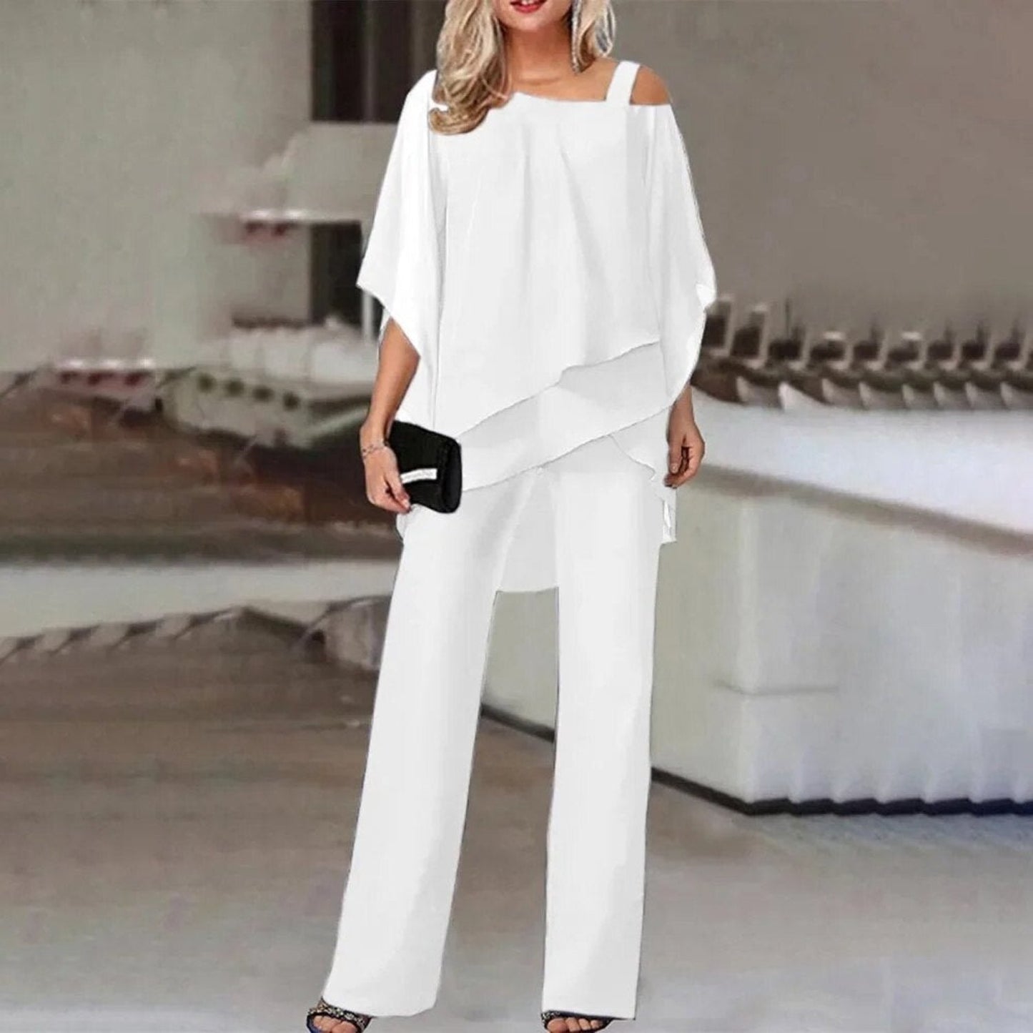 Women | Two-Piece Formal Set | Layered Chiffon Top | Wide-Leg Pants | Elegant Occasion Wear
