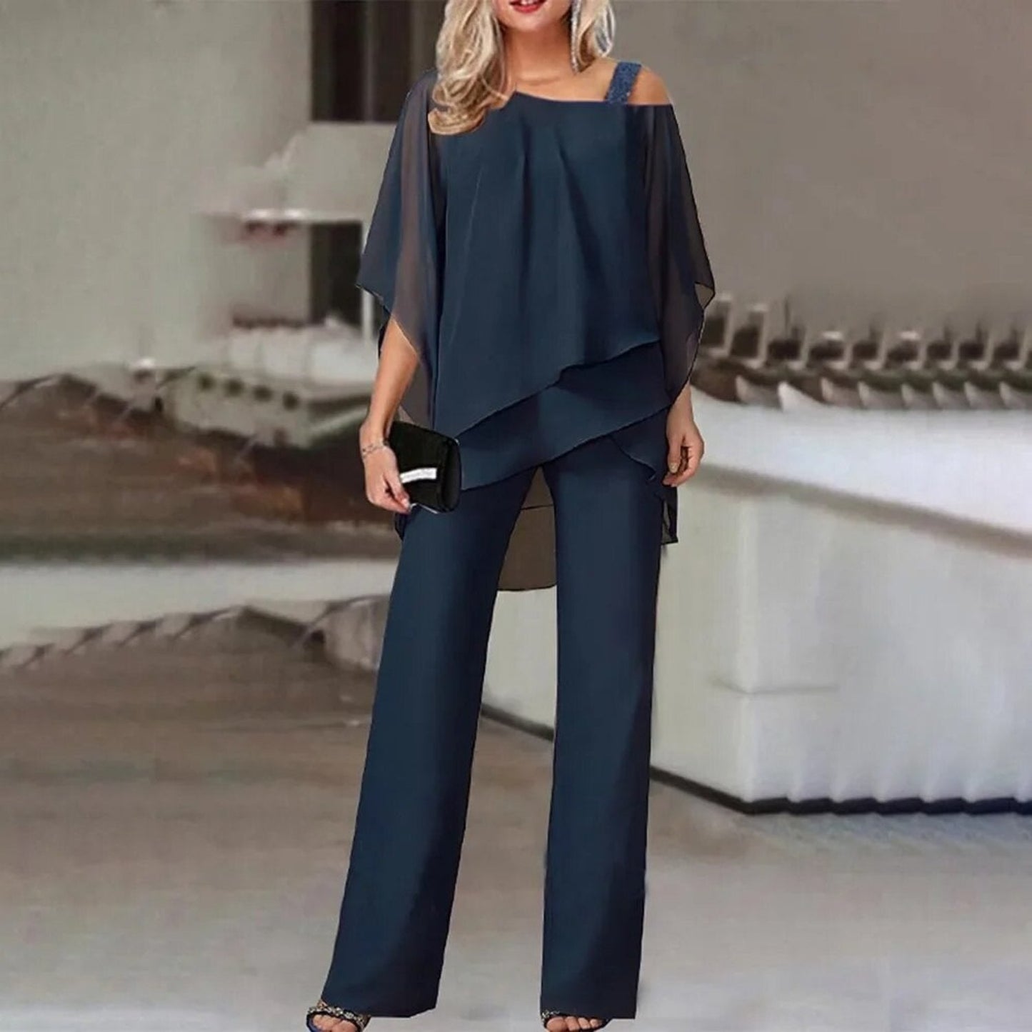 Women | Two-Piece Formal Set | Layered Chiffon Top | Wide-Leg Pants | Elegant Occasion Wear