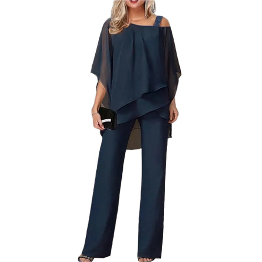 Women | Two-Piece Formal Set | Layered Chiffon Top | Wide-Leg Pants | Elegant Occasion Wear