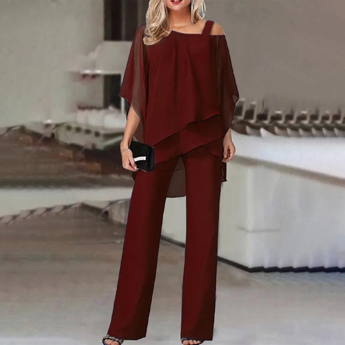 Women | Two-Piece Formal Set | Layered Chiffon Top | Wide-Leg Pants | Elegant Occasion Wear