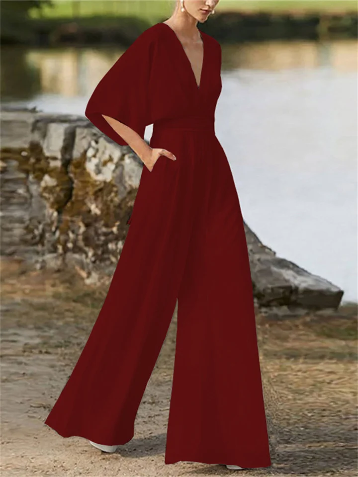 Women | V-Neck Jumpsuit | Wide-Leg | Batwing Sleeve | Elegant Casual