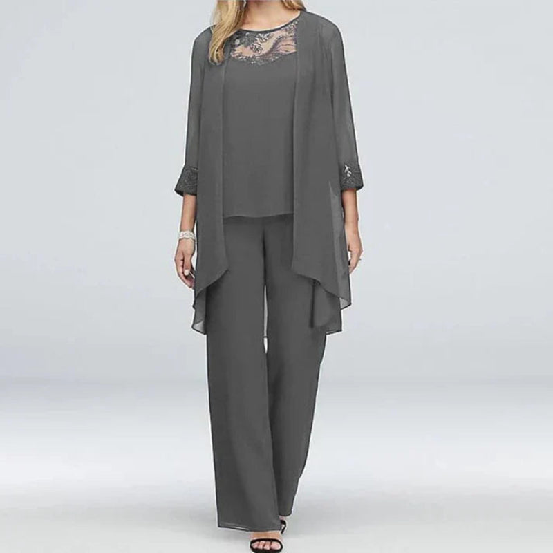 Women | 3-Piece Set | Long Jacket | Lace Detail Top | Wide-Leg Pants | Elegant Formal Outfit