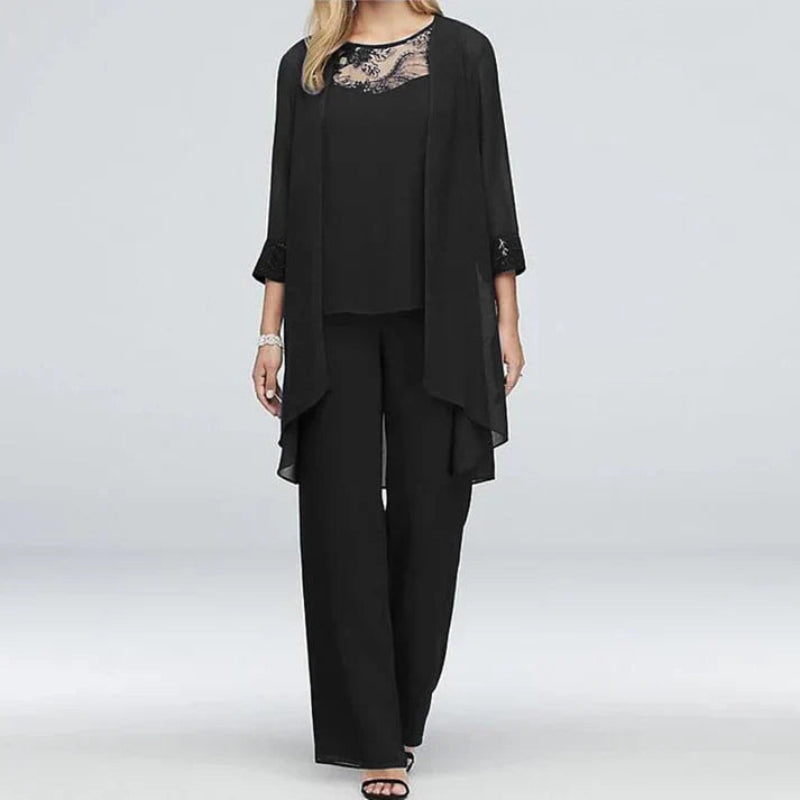 Women | 3-Piece Set | Long Jacket | Lace Detail Top | Wide-Leg Pants | Elegant Formal Outfit