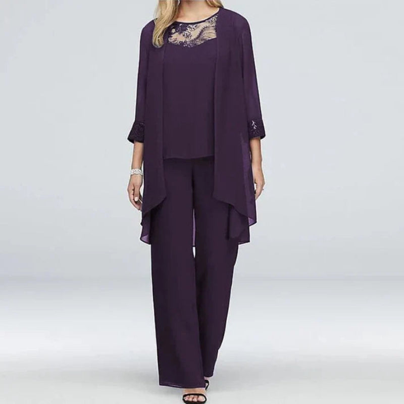 Women | 3-Piece Set | Long Jacket | Lace Detail Top | Wide-Leg Pants | Elegant Formal Outfit