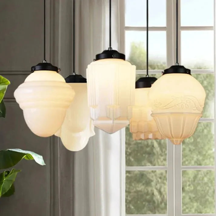 Vintage White Milk Glass Geometric Jar Pendant Lamp | E27 Hanging Light | Adjustable Cord | Decorative Ambient Lighting