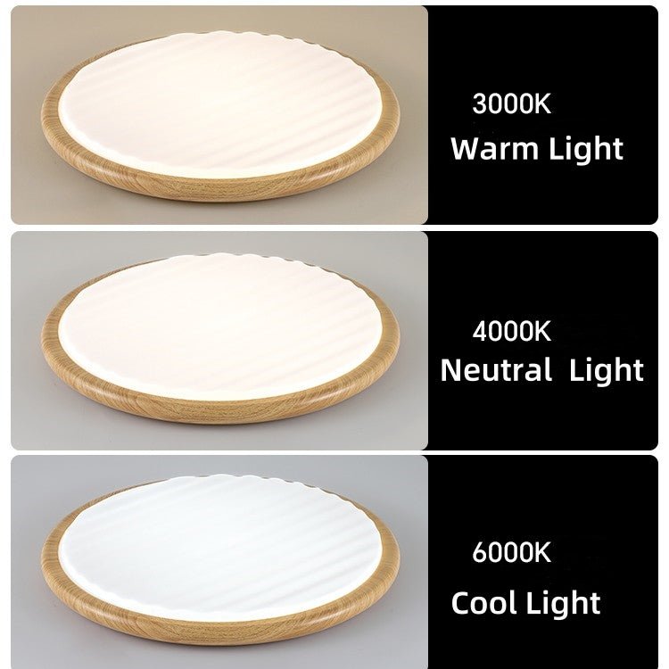 Round Wood Pleated LED Ceiling Lamp for Bedroom | Natural Textured Design | 3 Color Temperature Lighting | Slim Flush Mount 30–50cm