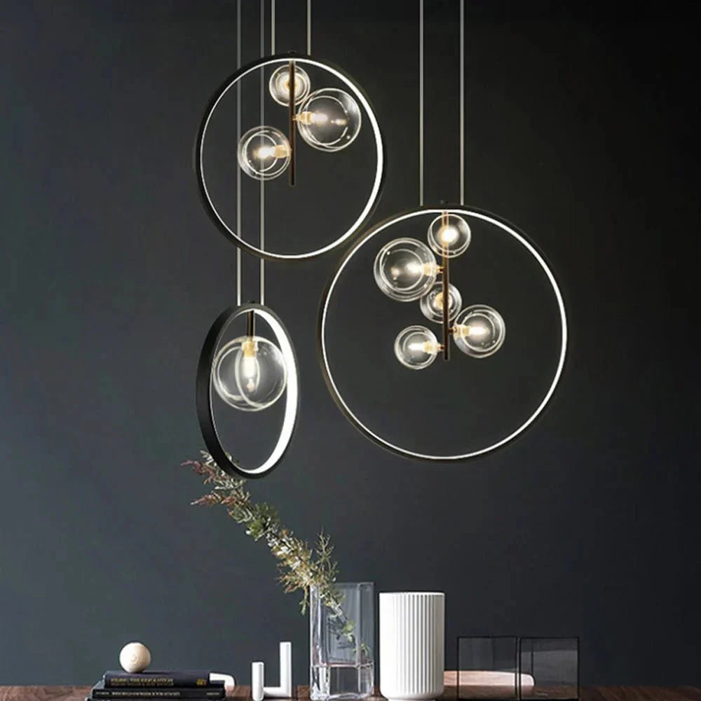 Nordic Bubble Glass Pendant Lamp with Ring Modern Hanging Light | Metal Acrylic Design | G9 LED Strip Compatible | Warm White Indoor Lighting