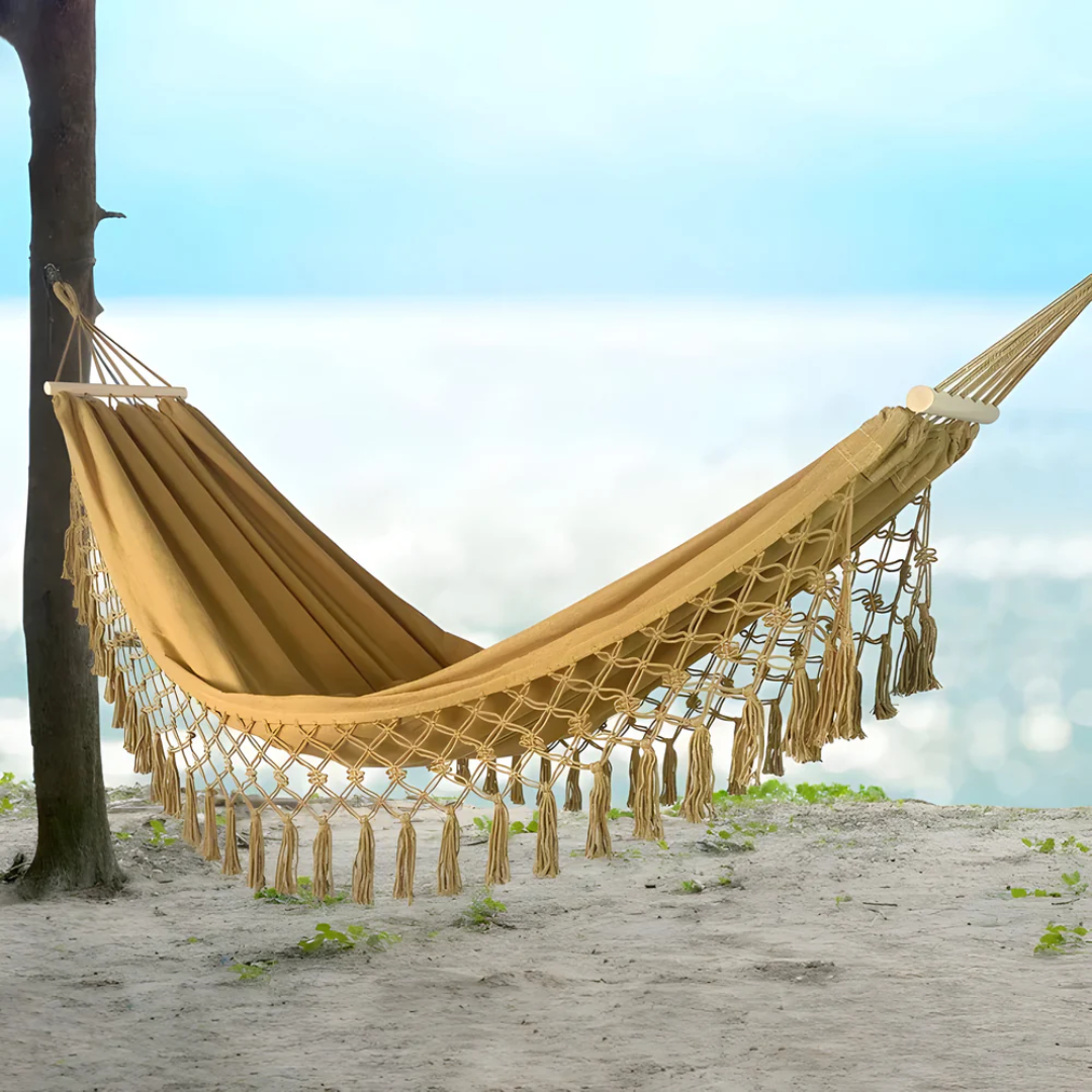 Boho Cotton Hammock with Wooden Spreader Bars for Garden & Balcony | Stable Design | 200 kg Capacity | Indoor Outdoor Relaxation