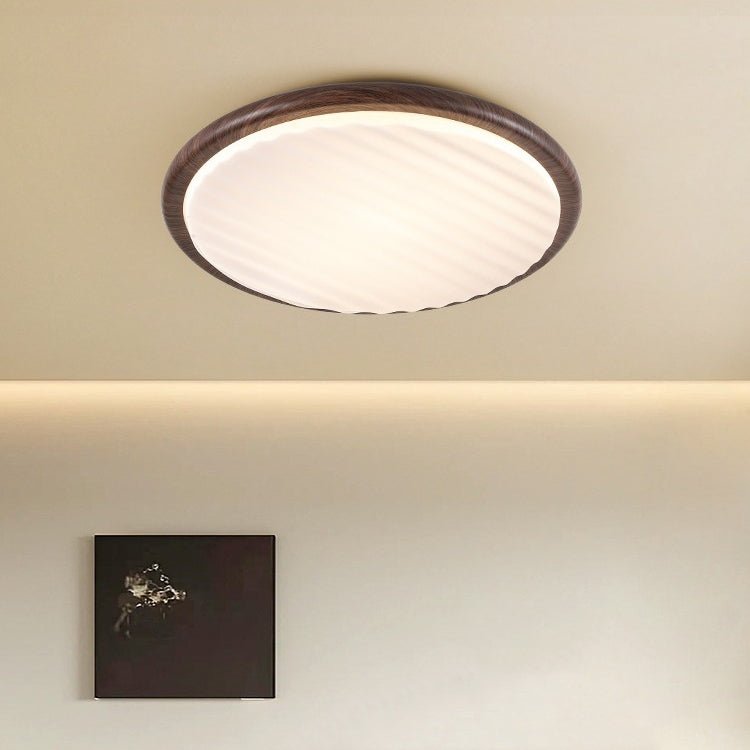 Round Wood Pleated LED Ceiling Lamp for Bedroom | Natural Textured Design | 3 Color Temperature Lighting | Slim Flush Mount 30–50cm