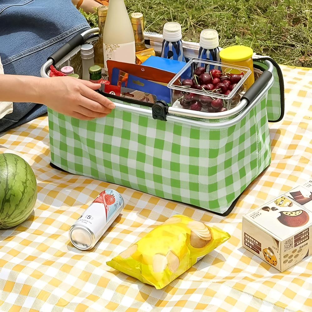 Checked Picnic Basket 22L Insulated | Foldable Oxford Fabric | Aluminum Frame 25kg Load | Zipper Closure for Picnic Beach Camping