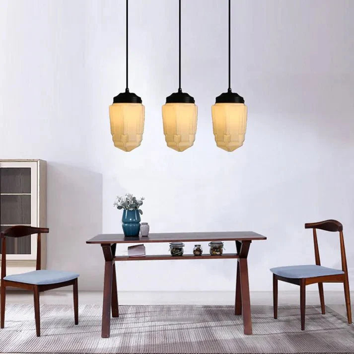 Vintage White Milk Glass Geometric Jar Pendant Lamp | E27 Hanging Light | Adjustable Cord | Decorative Ambient Lighting
