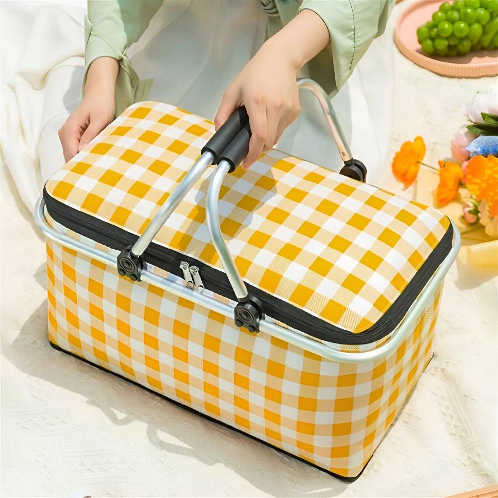 Checked Picnic Basket 22L Insulated | Foldable Oxford Fabric | Aluminum Frame 25kg Load | Zipper Closure for Picnic Beach Camping