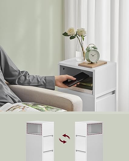 Dirella Slim Nightstand Set of 2 with Drawers & Open Shelf | Modern White Bedside Tables | Space-Saving Side Table Storage Cabinets