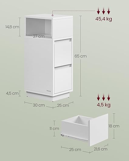 Dirella Slim Nightstand Set of 2 with Drawers & Open Shelf | Modern White Bedside Tables | Space-Saving Side Table Storage Cabinets