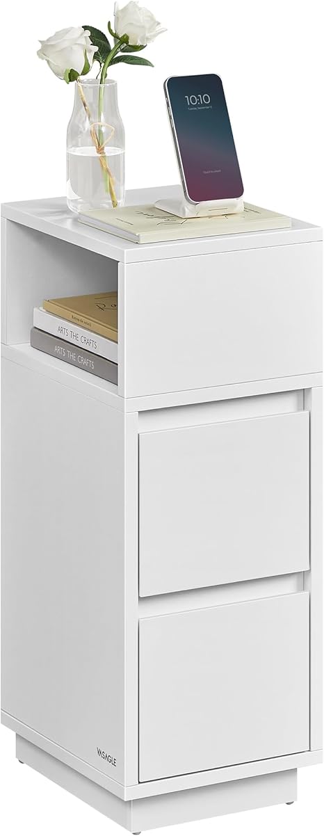 Dirella Slim Nightstand Set of 2 with Drawers & Open Shelf | Modern White Bedside Tables | Space-Saving Side Table Storage Cabinets