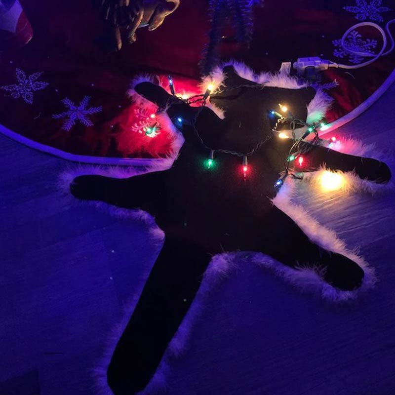 Holiday Cat Decorative Fur Trimmed Rug | Christmas Movie-Inspired Novelty Floor Decor with Optional Lights | Handmade Felt & Faux Fur Accent Rug