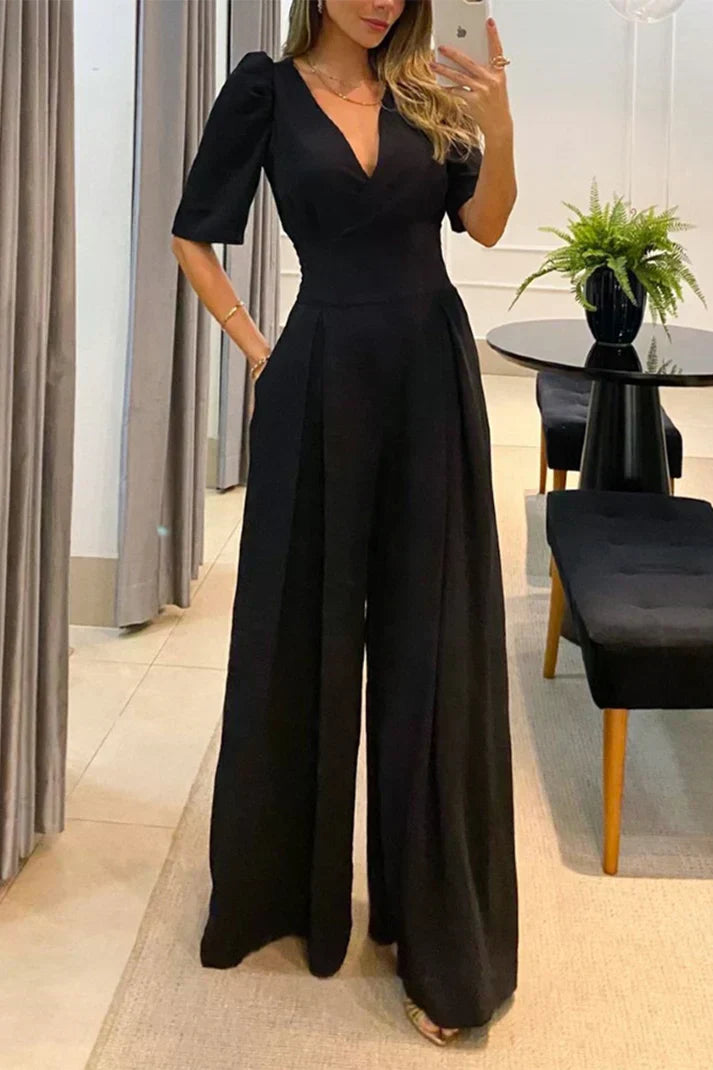 Women | V-Neck Jumpsuit | Wide-Leg | Short Sleeve | Elegant Casual
