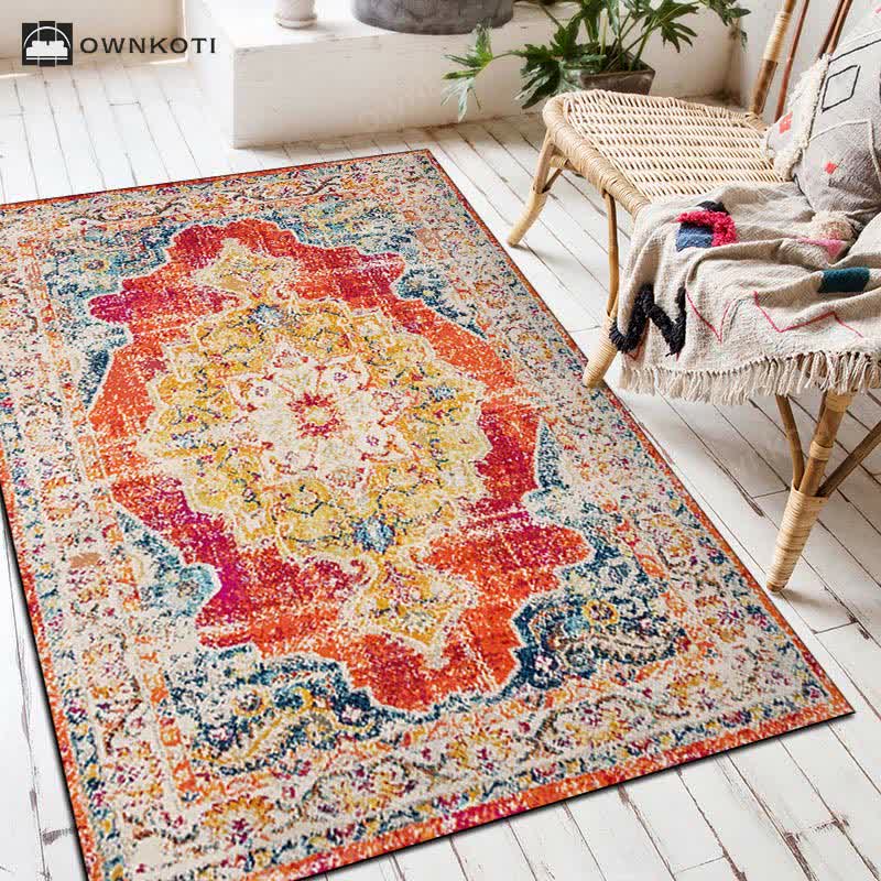 Ethnic Exotic Decorative Floor Mat | Non-Slip Rectangular Area Rug | Soft Washable Polyester Carpet | Bohemian Home Décor Accent
