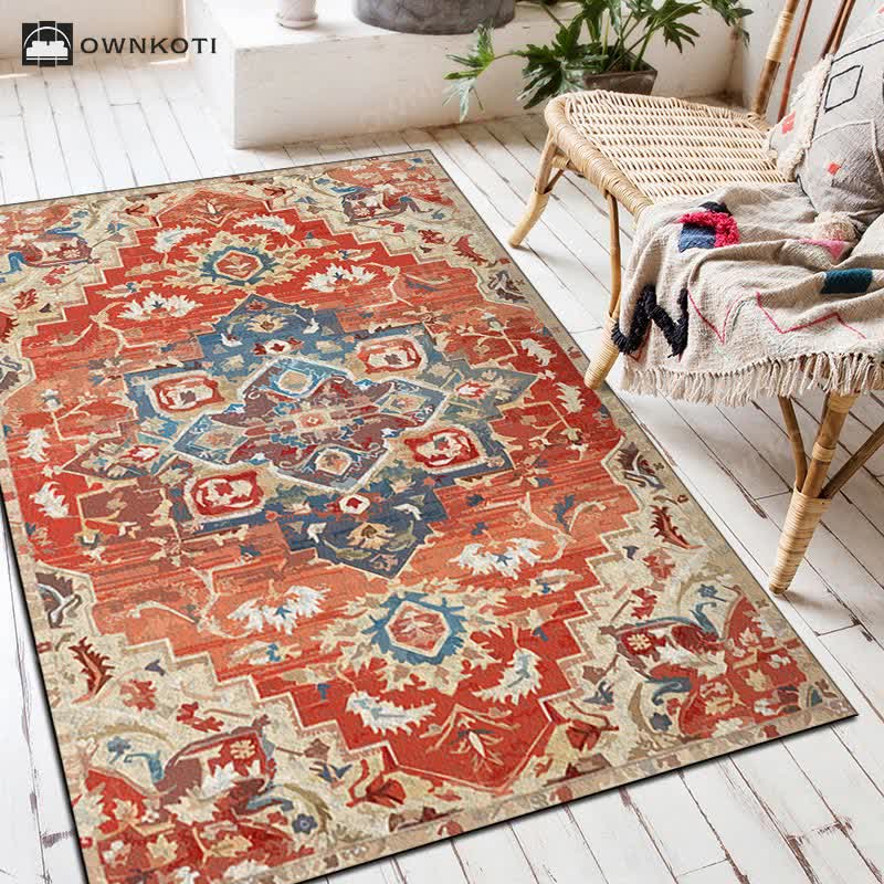 Ethnic Exotic Decorative Floor Mat | Non-Slip Rectangular Area Rug | Soft Washable Polyester Carpet | Bohemian Home Décor Accent