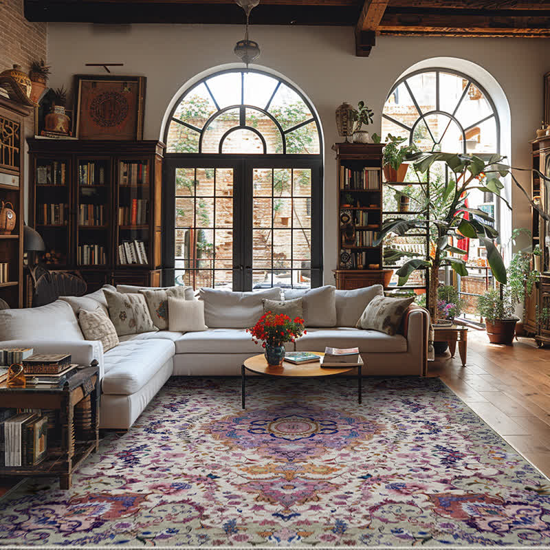 Persian Ethnic Style Decorative Area Rug | Anti-Slip Foldable Washable Floor Carpet | Elegant Living Room Bedroom Rug